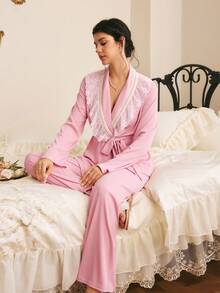 Côtesoire Southern French Court Romantic Casual Lace Patchwork Long Sleeve Pants Pajama Set For Women - Dusty Pink - View 4