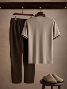 Core Aspect Men's Old Money Style 2-Piece Set, Textured Jacquard Embroidered Polo Shirt With Coffee Brown Long Pants, Casual Daily Commute Outfit - Khaki - View 2