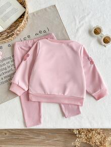 SHEIN 2件組女嬰休閒可愛百搭3D櫻桃裝飾長袖外套與長褲套裝，適合秋冬、室內、戶外、度假、旅行、節日、日常穿著 - 粉色 - 查看 3