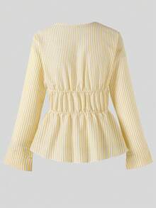 SHEIN 藍白直條紋上衣 青少年女孩清新法式休閒可愛 V 領領口 秋季海灘派對 - 黃色 - 查看 2