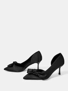 CUCCOO HITCHD Ladies Shoes Slant Bow Ladies Pointed Tips Side Empty Heels Black Satin Elegant Gentle Wedding Bridesmaids Party Dating Fall Shoes - Black - View 3