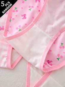 SHEIN 5件隨機款青少年女孩極簡可愛時尚蝴蝶結系列舒適三角內褲 夏季 - 彩色 - 查看 5