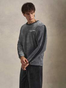 EverLounge Men Slogan Embroidery Contrast Side Seam Top & Pants PJ Fluffy Set, Fall Winter Clothes, Cozy - Grey - View 3