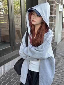 DAZY 青少年女孩秋季服飾 保暖內裡寬鬆休閒運動衫夾克 格紋拼接 寬鬆版型休閒格紋秋季休閒風 - 灰色 - 查看 6