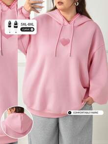SHEIN CURVE+ 大尺碼女款休閒極簡美式復古字母印花圖案連帽長袖寬鬆衛衣 秋季 - 粉色 - 查看 10