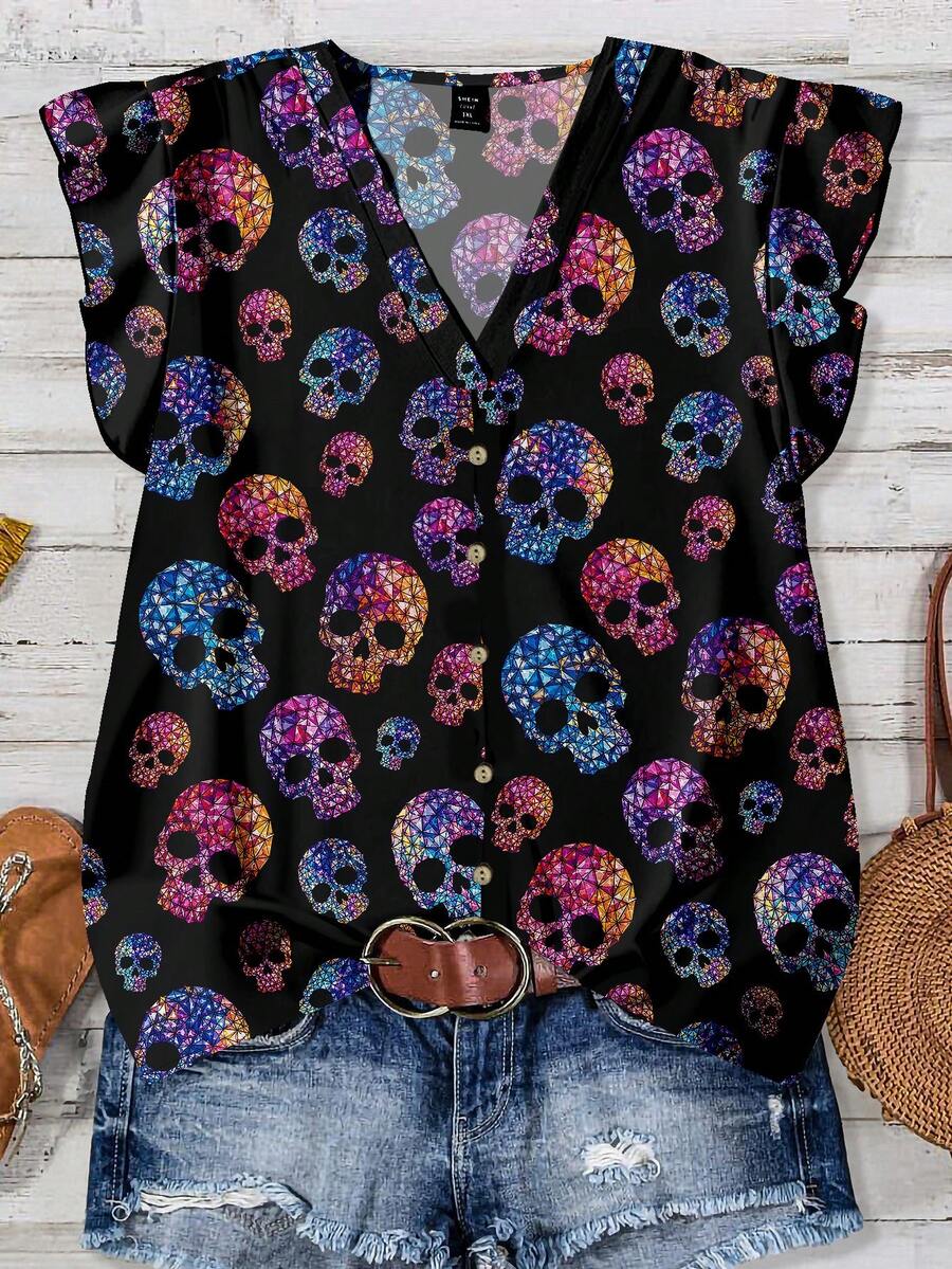Mellowie Halloween Colorful Skull Print Plus Size Casual V-Neck Ruffle Blouse, Suitable For Summer, Party - Multicolor - View 1
