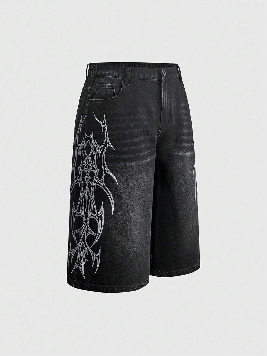 ROMWE Grunge Punk Vintage Street Style Plus Size Denim Wide Leg Capri Pants With Totem Print Loose Straight Leg Casual Versatile Jeans - Black - View 1