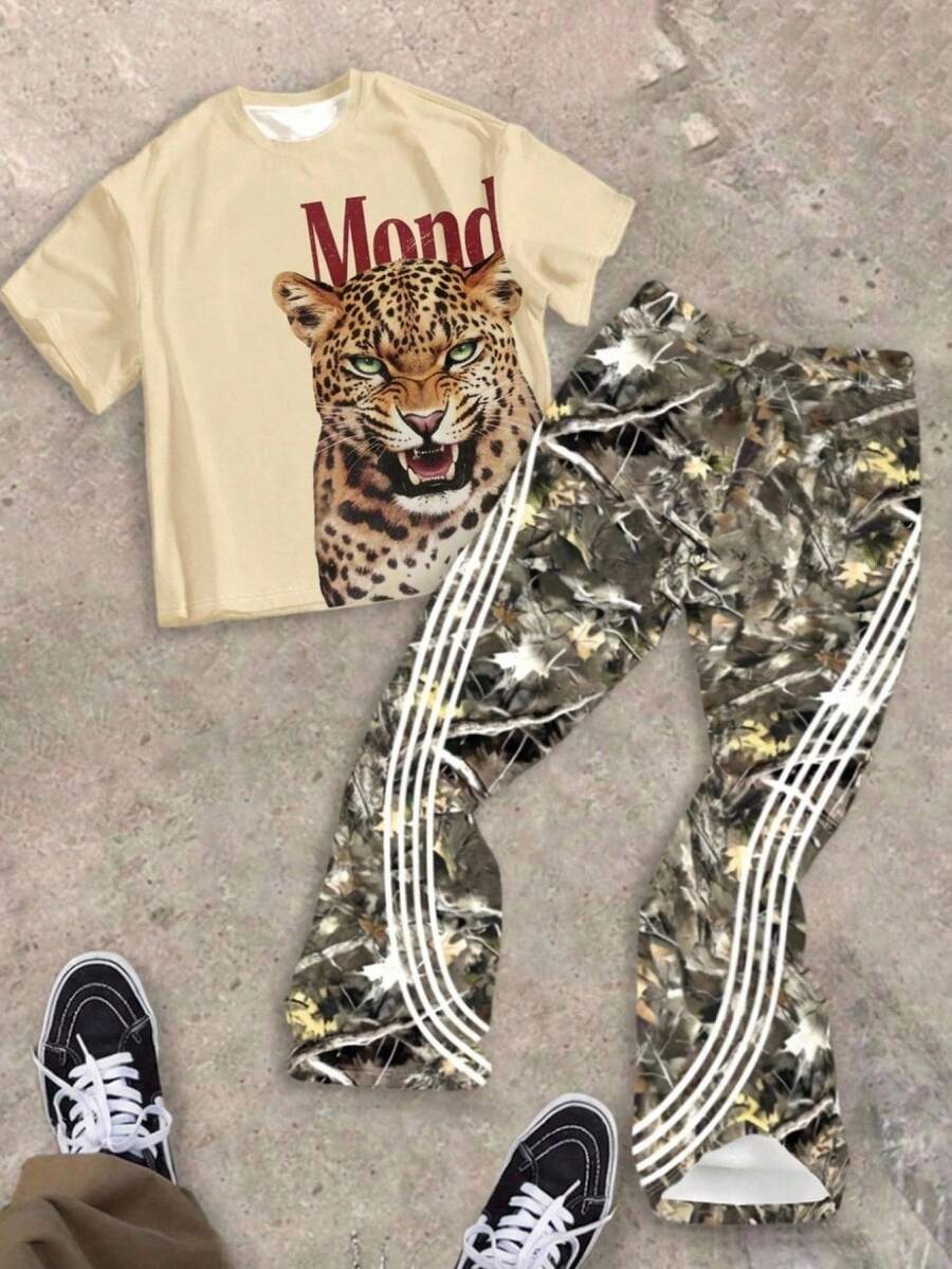 Teen Boy Casual Minimalist Short Sleeve Crew Neck T-Shirt & Flared Long Pants 2-Piece Set, Suitable For Summer - Multicolor - View 1