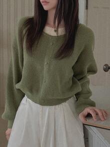 DAZY Patchwork 2 In 1 Loose Round Neck Long Sleeve Button Decor Casual Vacation Pullover Knit Sweater For Women Autumn/Winter - Green - View 4