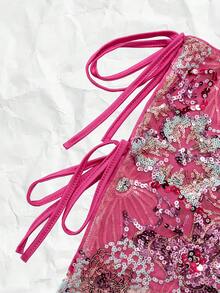 Nevyona 女款粉色花卉70年代亮片兩件套，閃亮掛脖短版上衣與迷你裙，夏季度假派對穿搭，夏威夷海灘音樂節 - 彩色 - 查看 9