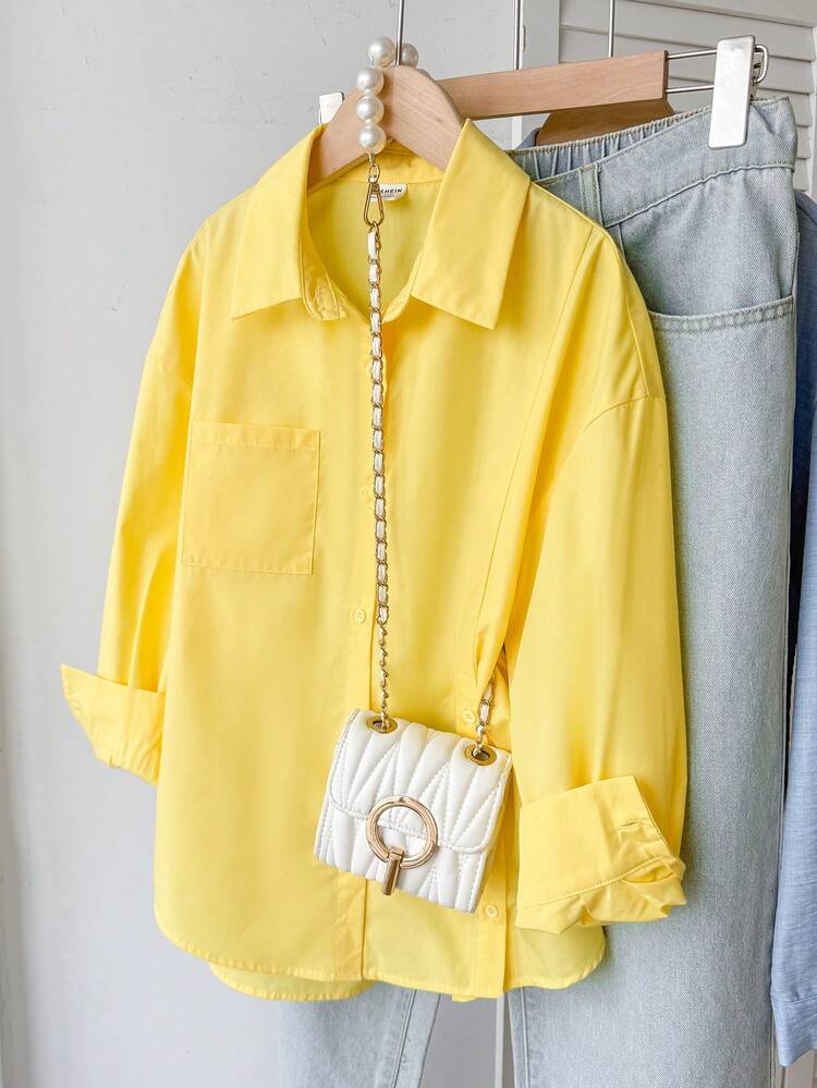 SHEIN قميص أصفر سادة بأزرار أمامية وجيوب وأكمام طويلة وفتحات جانبية، مناسب للفتيات المراهقات في فصل الخريف، متعدد الاستخدامات، مناسب للارتداء في الربيع والصيف والخريف، موسم العودة إلى المدرسة، بأسلوب بريبي - أصفر - مشاهدة 6