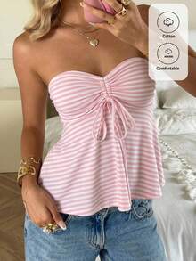 CovetEZ Women's Front Tie Striped Ruched Bandeau Top - Pink - View 2