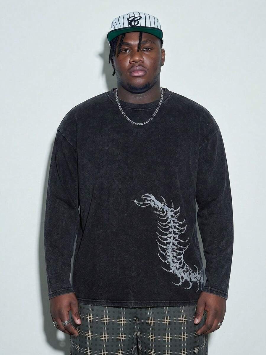 Modcrash Vintage Poster Design Plus Size Washable Long Sleeve T-Shirt For Men - Black - View 1