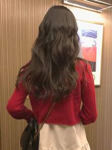 DAZY 女款素色寬鬆鏤空圓領長袖短版休閒度假針織開襟衫，春秋款 - 紅色 - 查看 2