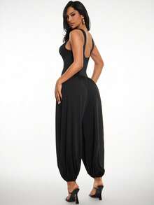 Radiana Women's Vacation Ruched Loose Fashion Tapered Leg Jumpsuit - Black - View 2