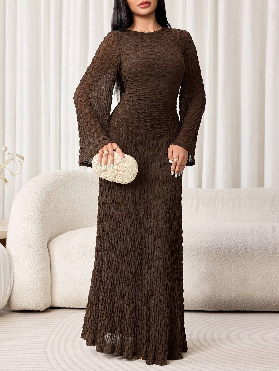 Veilorie Women's Solid Color Casual Party Arab Style Extra Long Dress - Coffee Brown - View 1
