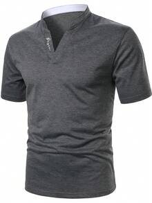 Manfinity Homme 男士字母印花短袖休閒通勤 Polo 衫 - 深灰色 - 查看 4