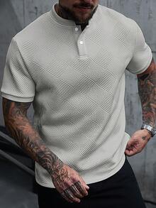 Manfinity CasualCool 男士立領 Polo 衫，針織提花布料，休閒日常穿著，時尚百搭風格 - 灰色 - 查看 7