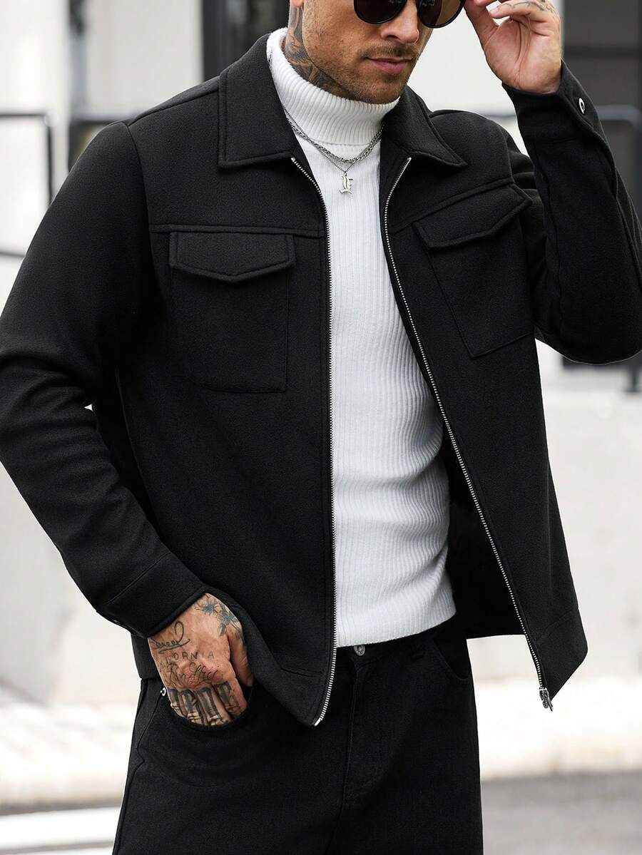 Manfinity CasualCool 男士純色拉鍊休閒日常長袖羊毛外套 - 黑色 - 查看 1