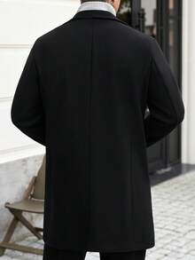 Manfinity CasualCool معطف طويل للرجال بلون موحد مع جيب وأزرار أمامية وأكمام طويلة، مناسب للخريف والشتاء والمناسبات الرسمية - الأسود - مشاهدة 2