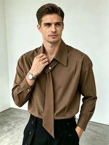 Resyla Men Men's Casual Commute Solid Color Tie Shirt - Brown - View 5