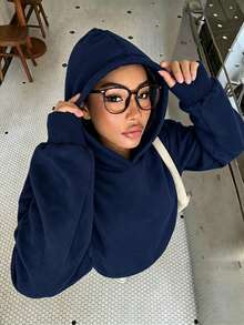 青少年女孩休閒簡約長袖連帽寬鬆加厚衛衣，適合秋冬穿著 - 藍色 - 查看 9