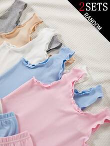 2 Sets de Top de Tirantes y Pantalones Cortos con Borde Ondulado de unicolor para Niñas, Caja Sorpresa, 5 Estilos Enviados al Azar, 2 Sets - Multicolor - Ver 4