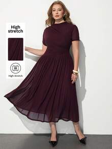 Maija Plus Size Women's Solid Color Short Sleeve Pleated Hem Elegant Dress - Red Violet - View 2
