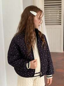 DAZY Tween Girls' Black And White Polka Dot Stand Collar Japanese-Korean Style Loose Thick Winter Coat Jacket Fall - Black - View 7