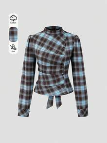 SHEIN EZwear 法式甜美學院風紋理微高領百褶設計精緻鈕扣裝飾獨特繫帶收腰修身長袖簡約百搭女式襯衫 春/夏 - 彩色 - 查看 2