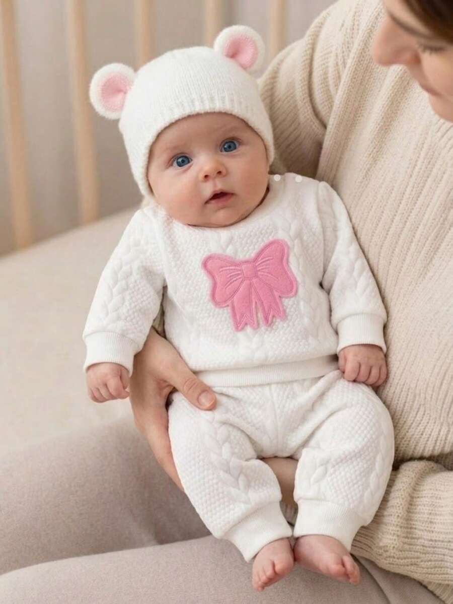 SHEIN Set di tessuti lavorati a maglia jacquard con motivo a cuori per neonati, design dolce e carino con fiocco - Bianco - Visualizzare 1
