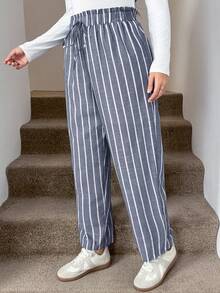 SHEIN LUNE Plus Size Casual Commuter Formal Home Wear Blue And White Pants Vacation Autumn Fall - Dark Grey - View 3
