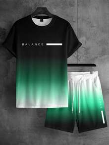 Manfinity Homme 2pcs/Set Men's Minimalist Printed Round Neck Short Sleeve T-Shirt And Shorts, Summer - Multicolor - View 4