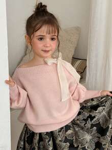 Dazy Kids Young Girl Autumn/Winter Elegant Asymmetrical Collar Tie Sweater - Pink - View 4