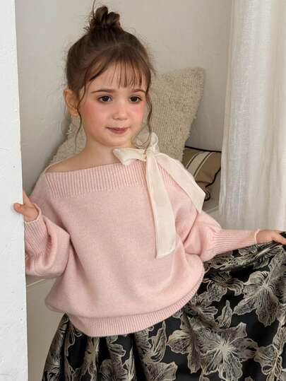 Dazy Kids Young Girl Autumn/Winter Elegant Asymmetrical Collar Tie Sweater