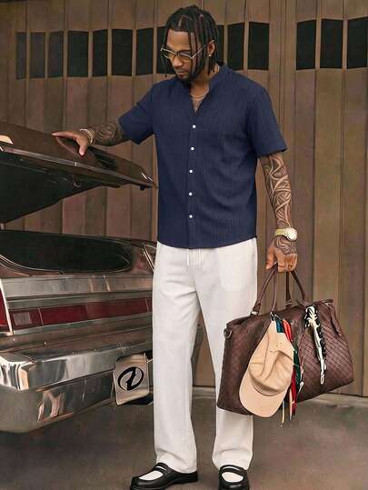 AKNOTIC 2pcs/Set Men's Casual Notched Neck Short Sleeve Shirt & Pants Set, Vacation, Father's Day Gifts