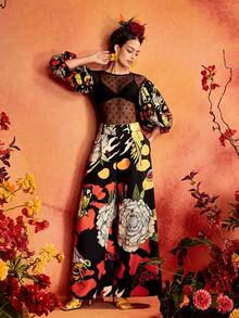 Glamance Frida Kahlo X SHEIN Women's Floral Print Pocket Loose Wide Leg Pants, Suitable For Outings, Gatherings And Parties - Black - View 6