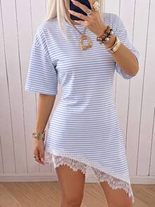 SHEIN EZwear 女款條紋蕾絲拼接不對稱下擺修身洋裝 - 彩色 - 查看 3
