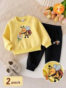 SHEIN Playful Pals 幼童女嬰運動衫運動褲套裝 可愛黃黑蜜蜂圖案花朵 長袖圓領 度假秋季 爸爸的小女兒 - 彩色 - 查看 2