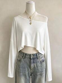 Lalippa Women's Solid Color Asymmetric Shoulder Casual Versatile Everyday Top - White - View 1