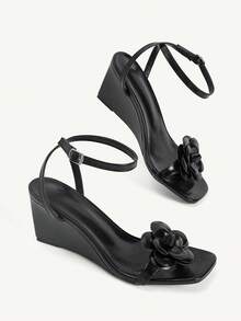 CUCCOO CHICEST Black Camellia Square Toe Wedge Heel Sandals Women's Summer Buckle Temperament Open-Toed High Heels - Black - View 4