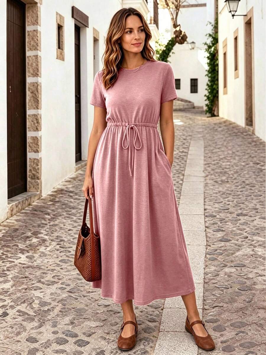 SHEIN Essnce 女式纯色圆领短袖腰带口袋长款休闲连衣裙 - 粉色 - 查看 1