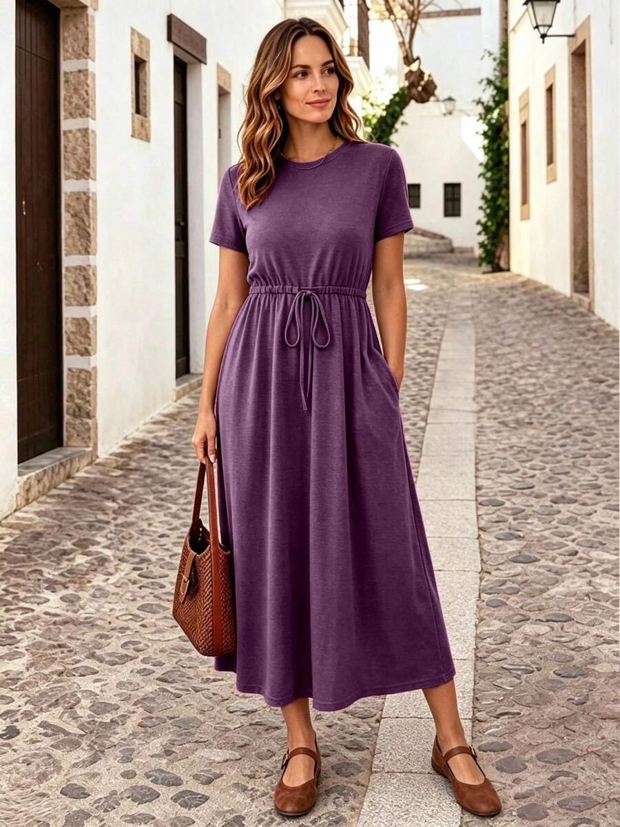 Dayvera Women's Casual Versatile Solid Color Drawstring Waist Short Sleeve Dress - Violet Purple - View 1