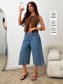 SHEIN 小碼低腰中藍色水洗標準版型休閒風鈕扣前開牛仔短褲 - 中等水洗藍 - 查看 6