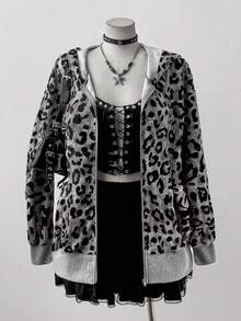 Sunspun Plus Size Women Casual Leopard Print Ribbed Zip-Up Sweatshirt Fall Cloth For Women Winter Autumn - Multicolor - View 4