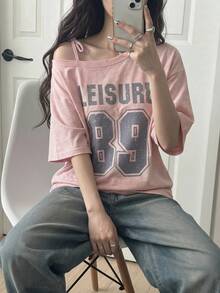 DAZY 青少年女孩數位印花不對稱領短袖休閒T恤 - 粉色 - 查看 4