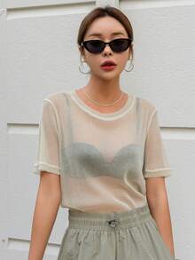 DAZY Semi Sheer Mesh Top Without Bra Going Out Tops Festival Thin Clothing - Apricot - View 1