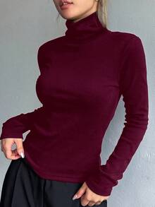 DAZY 女款純色極簡高領長袖T恤，日常穿著商務休閒女裝 - 酒紅色 - 查看 3