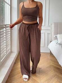 Dazy Plus Striped Slim Fit Camisole Top & Pajama Pants Set, Plus Size Women's Spring/Summer Loungewear - Brown - View 5