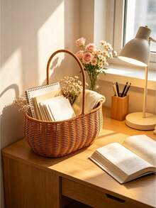 1PC Wicker Bamboo Handled Basket Durable Breathable EasyCarry For Outdoor Picnic Beach Market Shopping Garden Party Essential MustHave - Brown - View 5